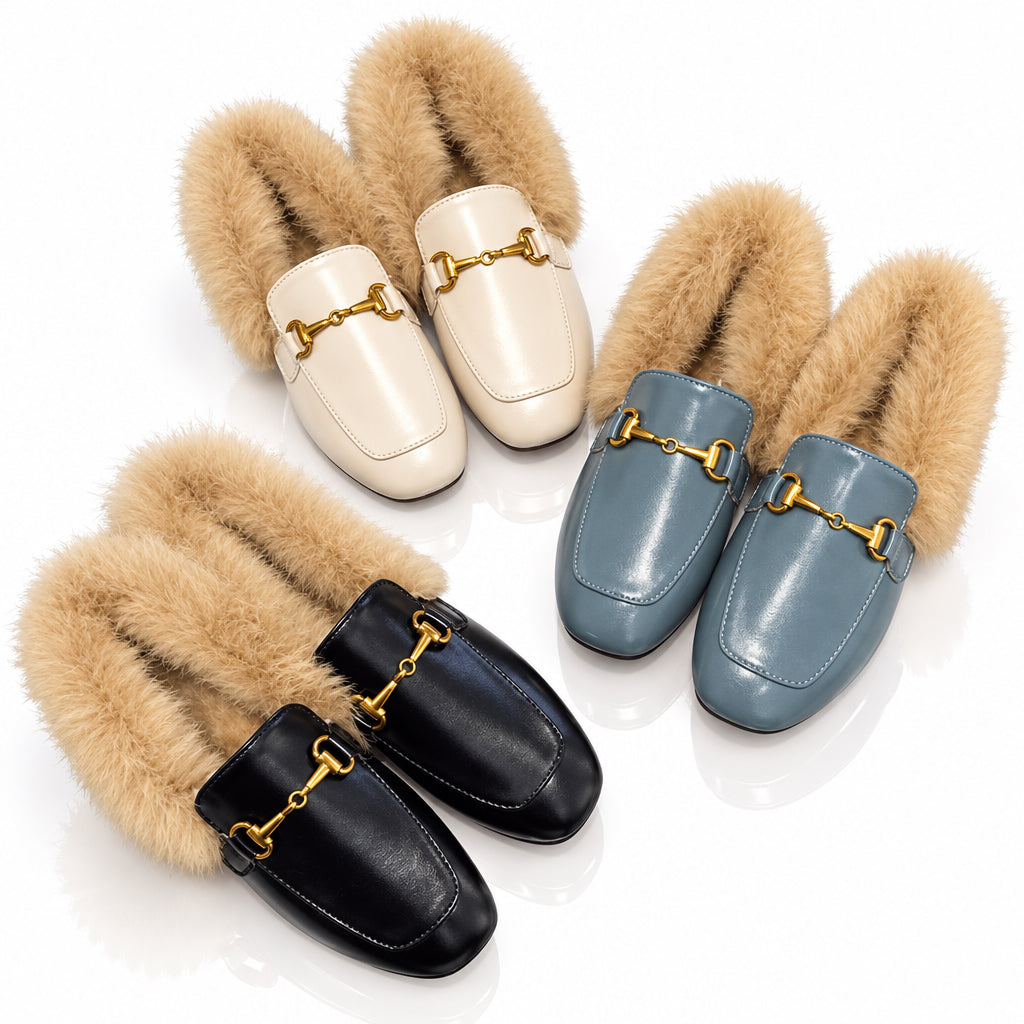 Women’s faux fur-lined square-toe mules