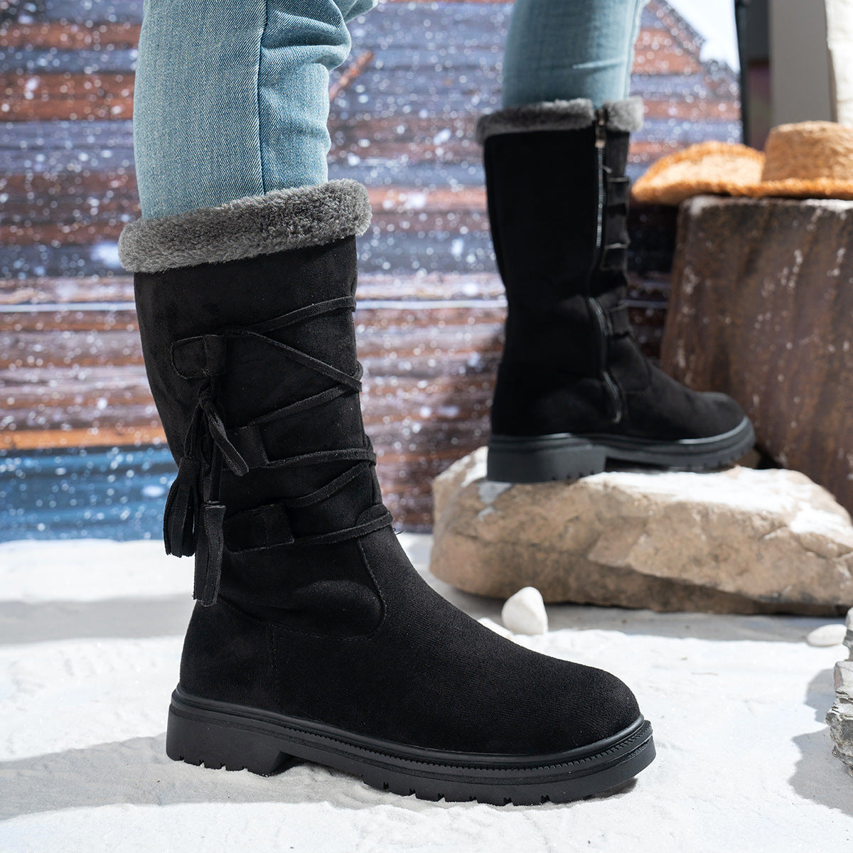 Bootara Women's Marlowe Fleece-Lined Mid-Calf Snow Boots – Lace-Up Winter Boots with Side Zip & Faux Fur Trim (US 5–10.5)