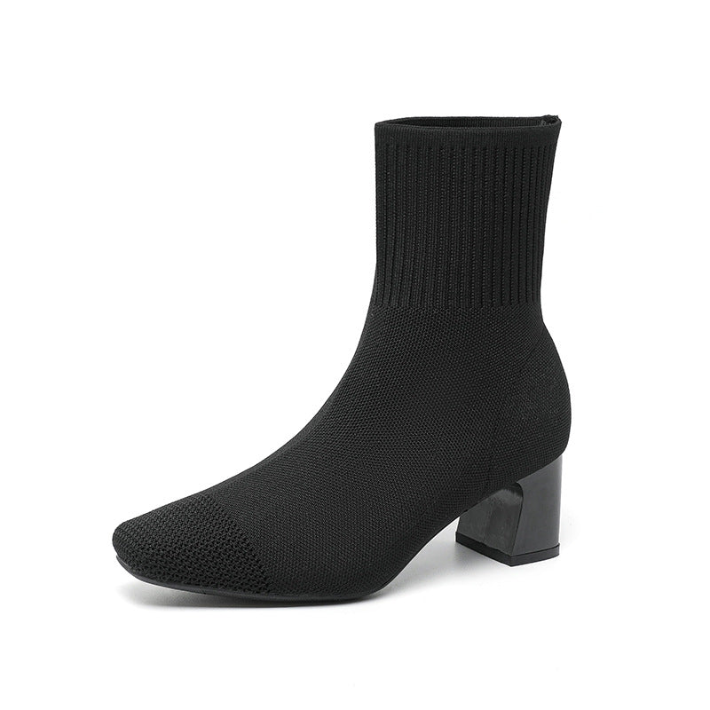 Women's stretch knit mid-calf sock boots with chunky heel