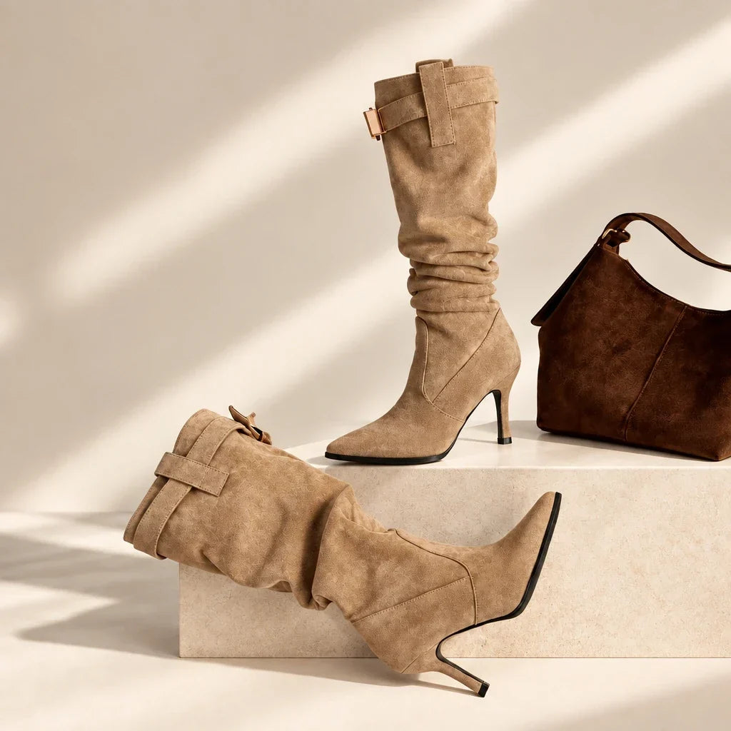 Women's slouchy knee-high boots with pointed toe and buckle