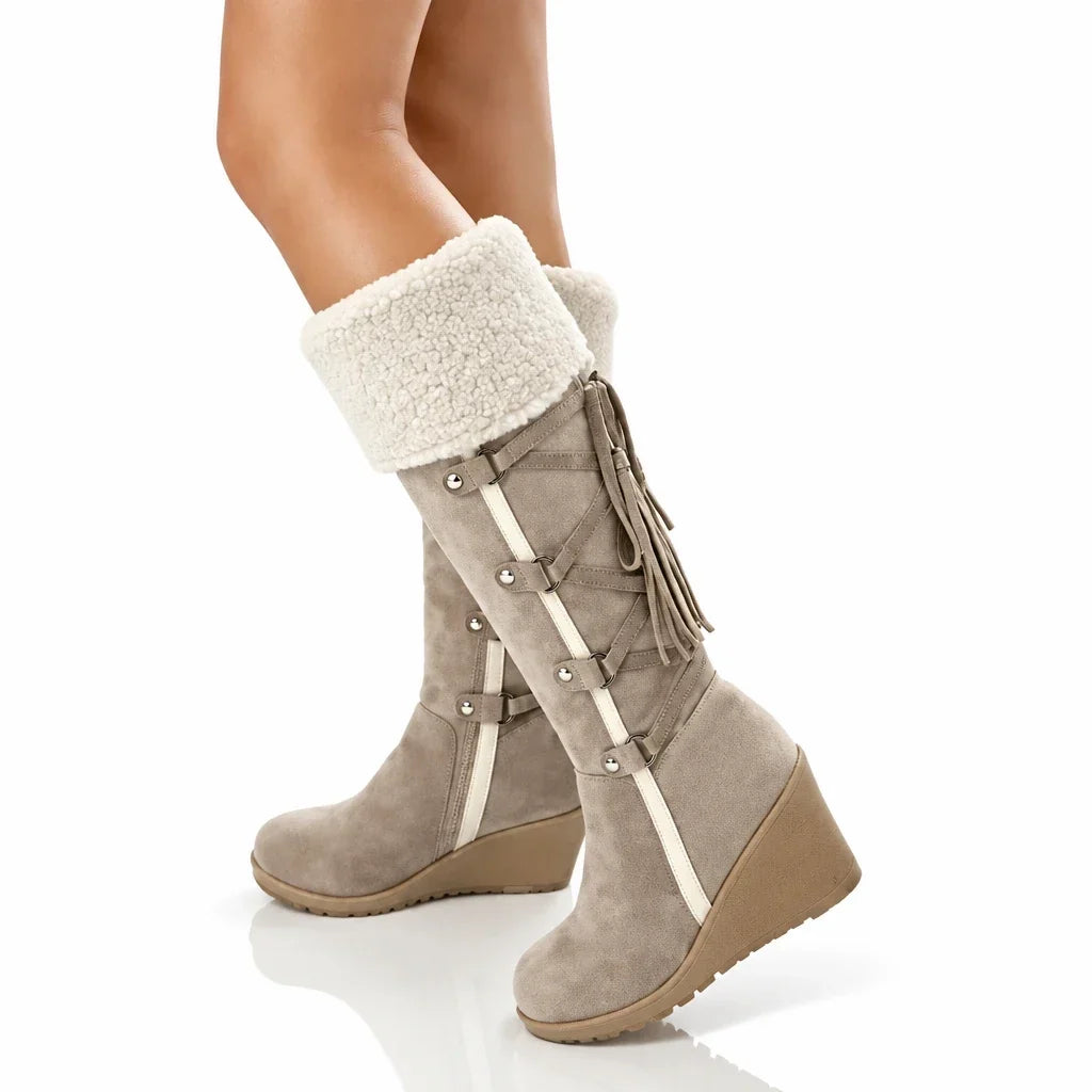 Women's knee-high wedge boots with plush cuffs and tassels