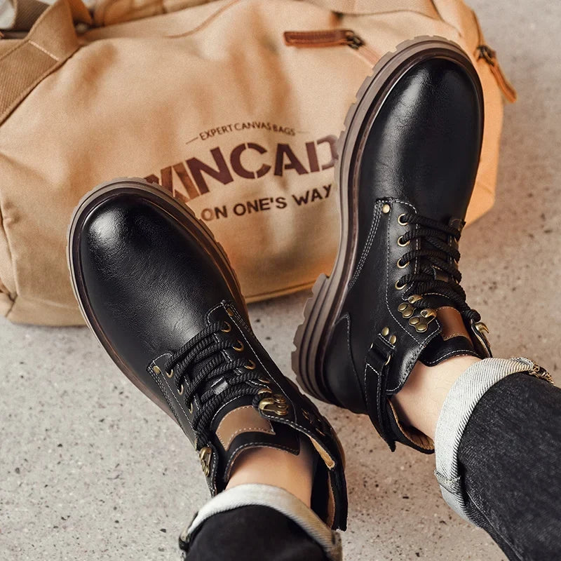 Men's Genuine Leather Snow Boots - Plush-Lined Ankle Boots