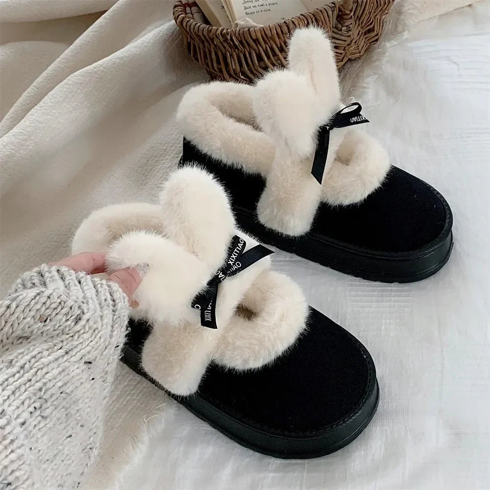 Women's Bowknot Snow Boots - Thick Platform Ankle Boots, Fur Warm