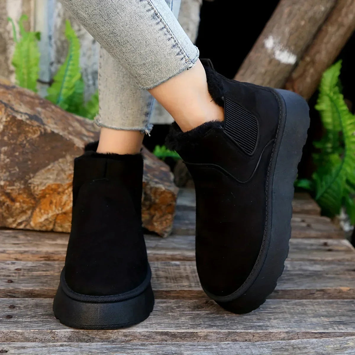 Women's Suede Chelsea Ankle Boots - Plush-Lined Platform Boots