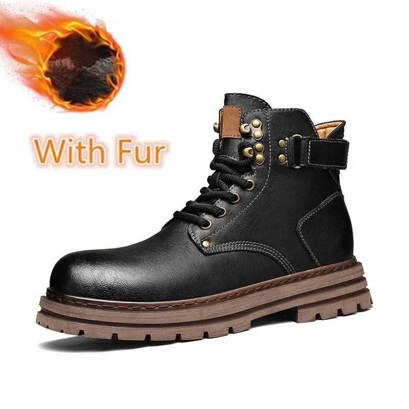 Men's Genuine Leather Snow Boots - Plush-Lined Ankle Boots