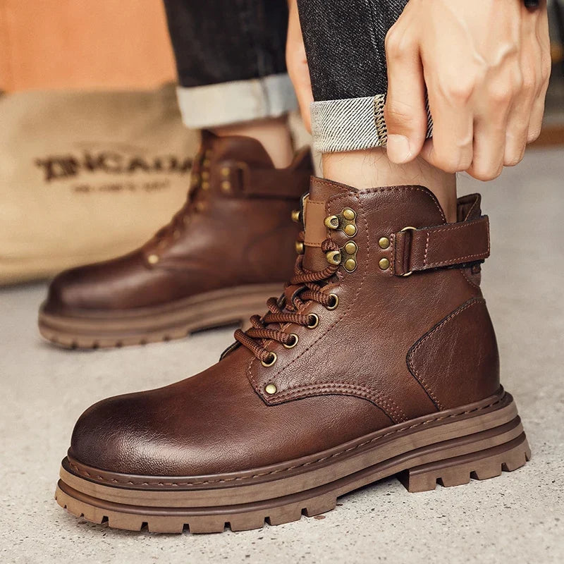 Men's Genuine Leather Snow Boots - Plush-Lined Ankle Boots