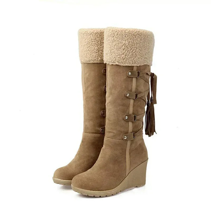 Women's knee-high wedge boots with plush cuffs and tassels