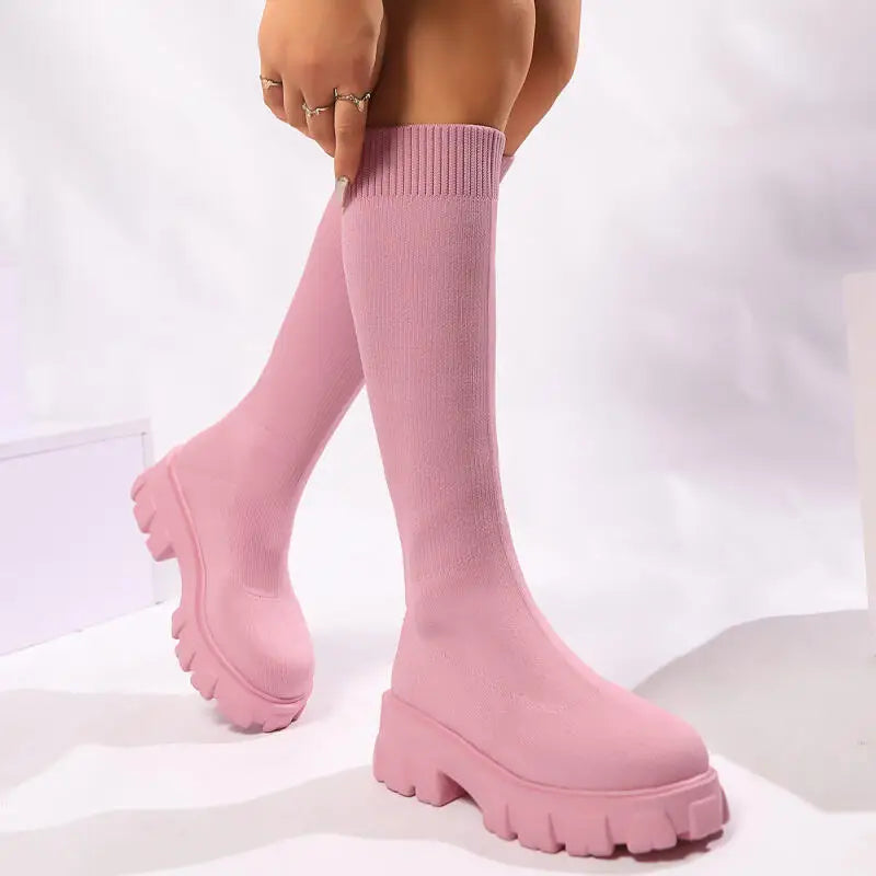 Platform Lug-Sole Boots with Block Heel
