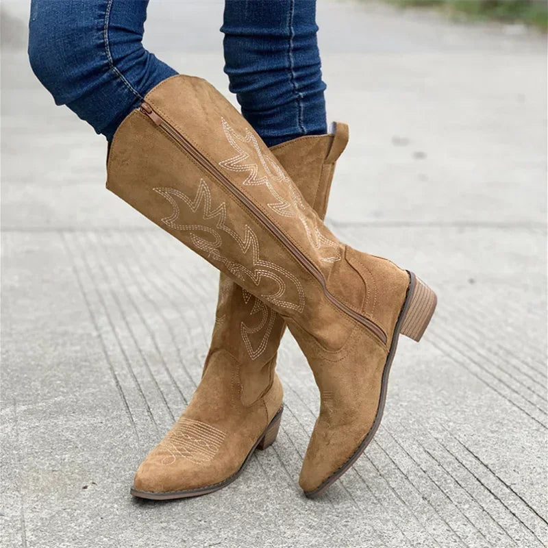 Embroidered Knee-High Western Boots