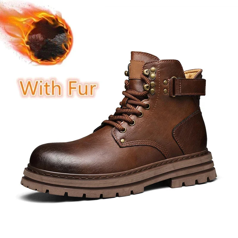 Men's Genuine Leather Snow Boots - Plush-Lined Ankle Boots