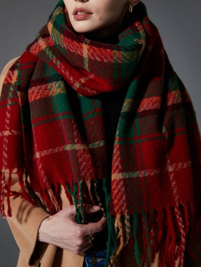Red Tartan Fringed Blanket Scarf