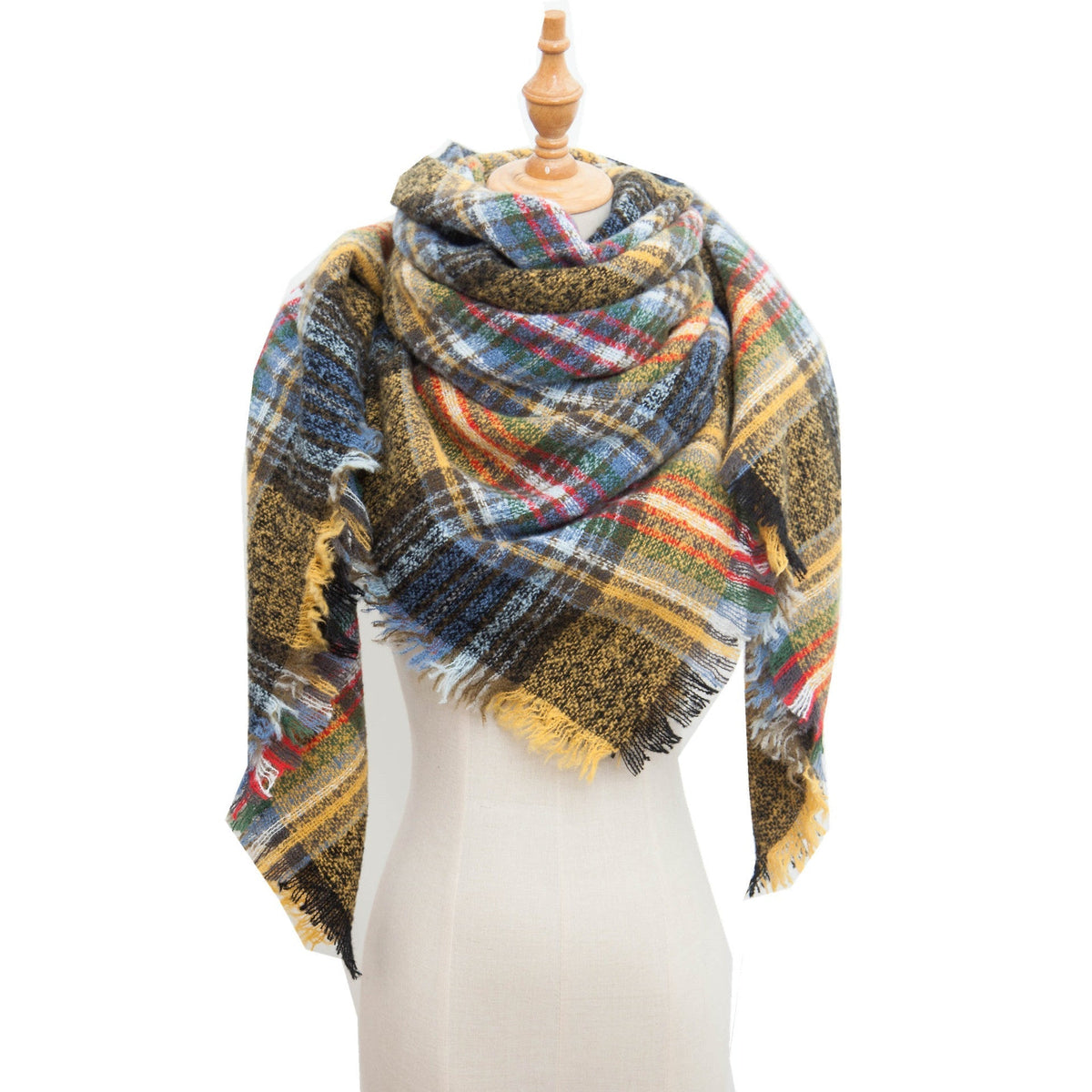 Checked Triangle Blanket Scarf With Frayed Trim